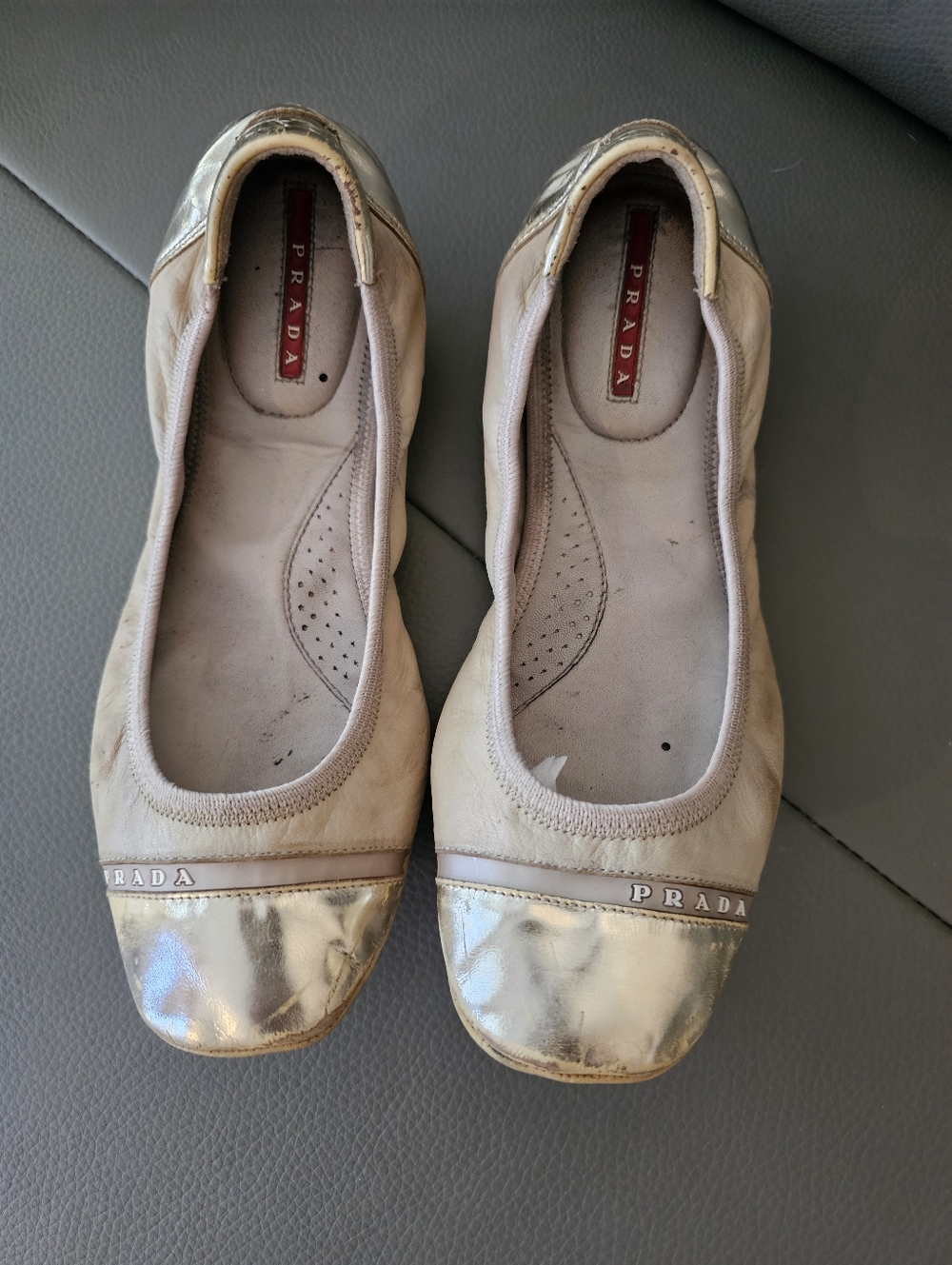 Prada Women's Beige and Gold Ballet Flats